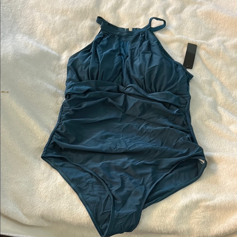 Blue Halter One-Piece Swimsuit with Ruching